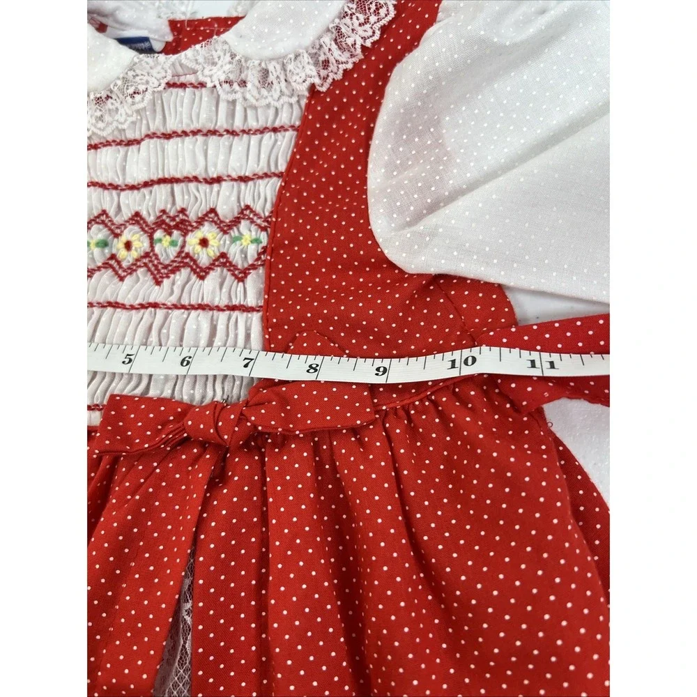 Vintage Polly Flinders Girls Red & White Polka-Dot Lace Smocked Dress Size 3T